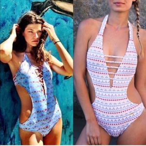 Boho🌊 Monokini Scandinavian Print • Cheeky • Blue White 🐚 NWOT• Like New